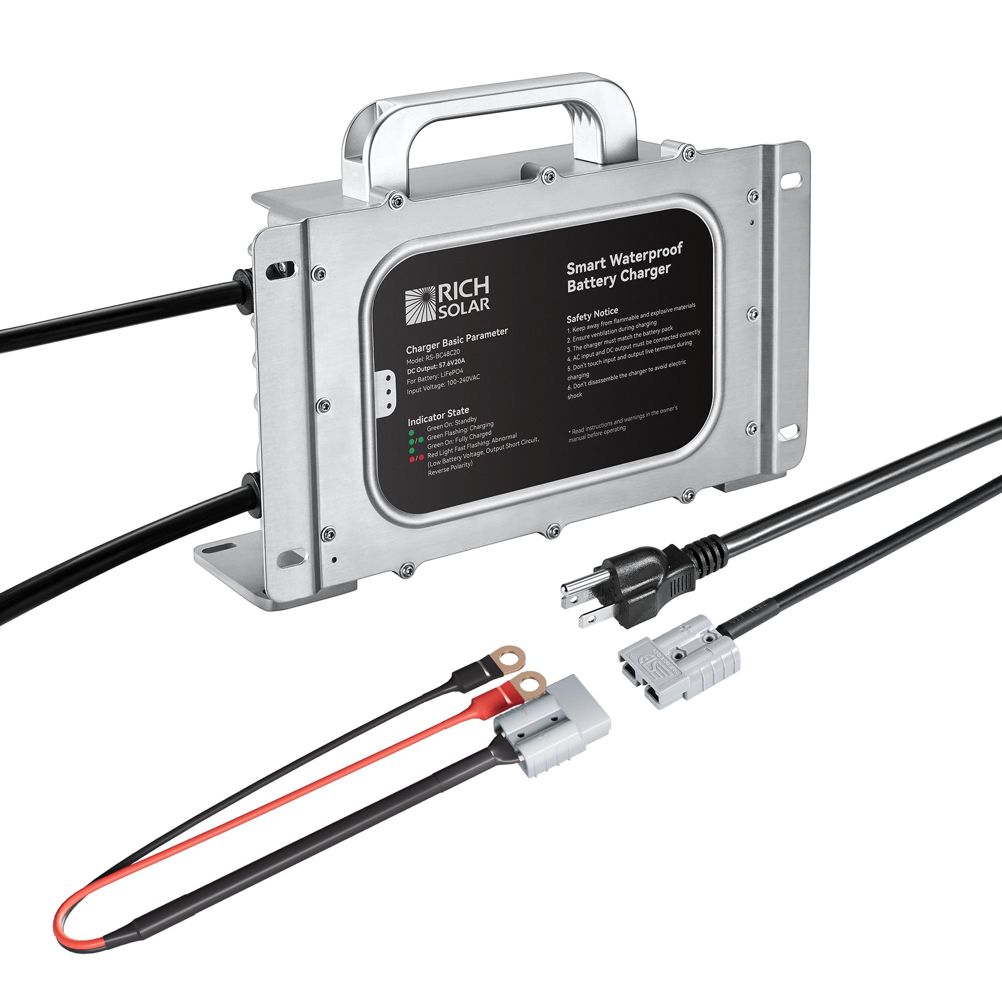 48V (57.6V) Waterproof LiFePO4 Charger — 20A / 25A, 100-240V AC, 8-in-1 Protection, Fan-Cooled