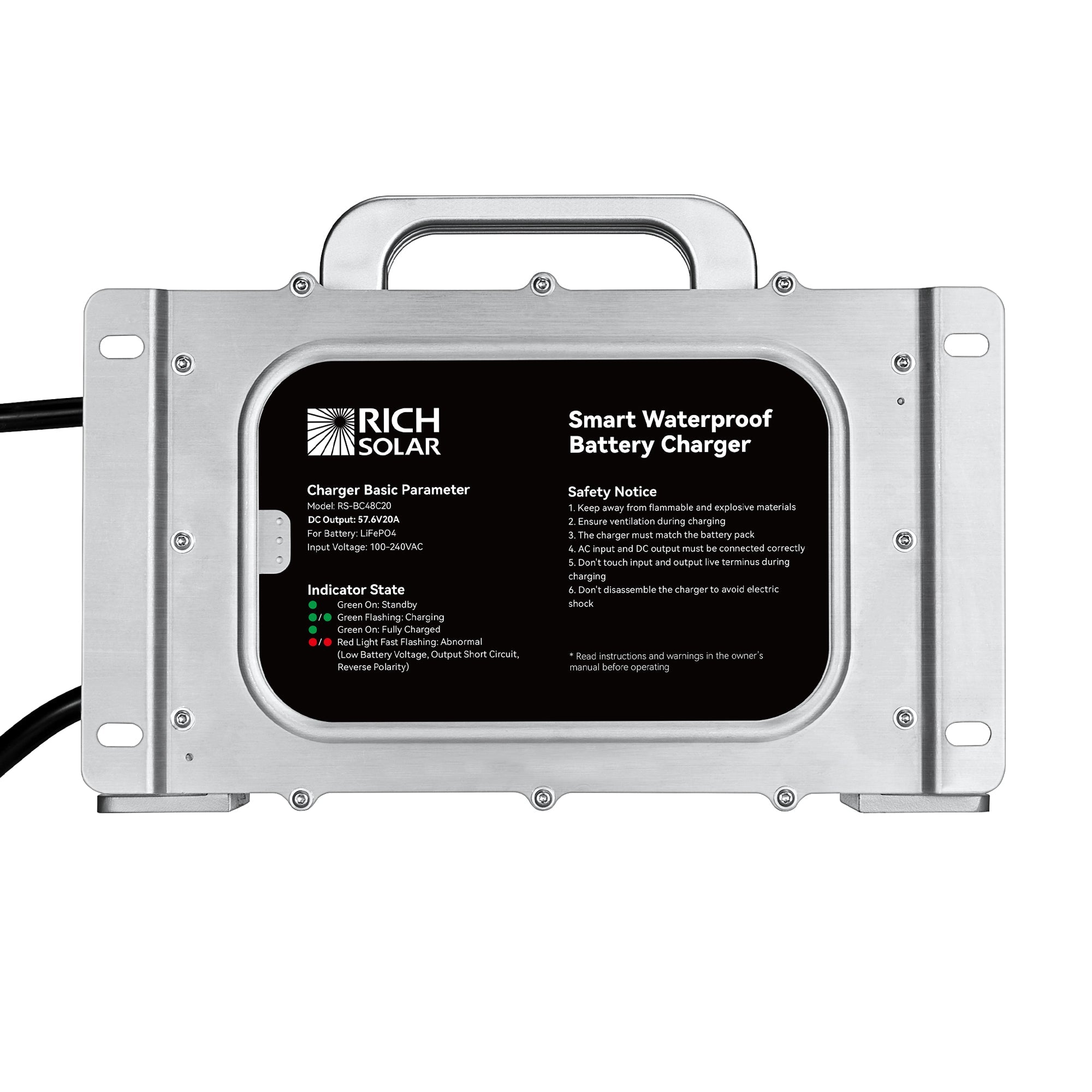 48V (57.6V) Waterproof LiFePO4 Charger — 20A / 25A, 100-240V AC, 8-in-1 Protection, Fan-Cooled