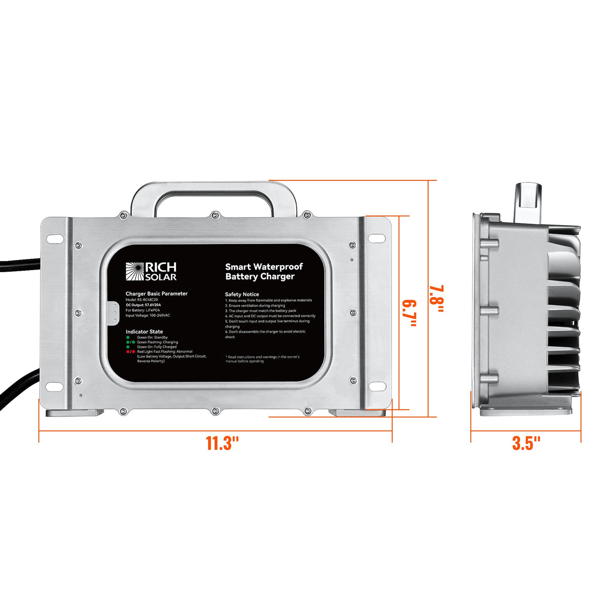 48V (57.6V) Waterproof LiFePO4 Charger — 20A / 25A, 100-240V AC, 8-in-1 Protection, Fan-Cooled