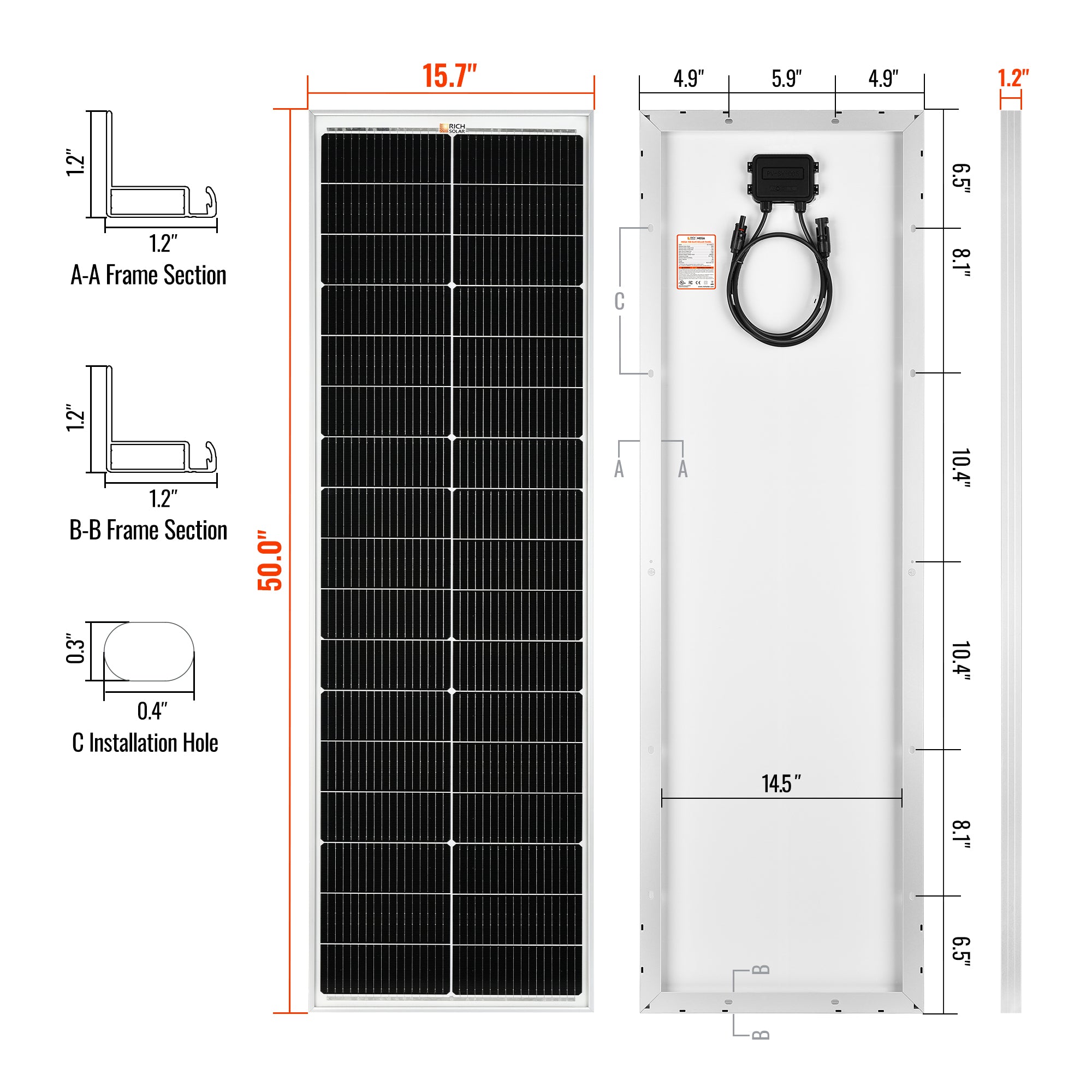 MEGA 100 SLIM — 100 Watt Slim Solar Panel — Compact 12V Off-Grid Narrow Solar Panel for Vans, Overlanders, Boats — 25-Year Output Warranty — UL Certified