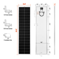 MEGA 130 SLIM — 130 Watt Slim Solar Panel — Compact 12V Narrow Panel for Vans, Campers, Boats — UL Certified