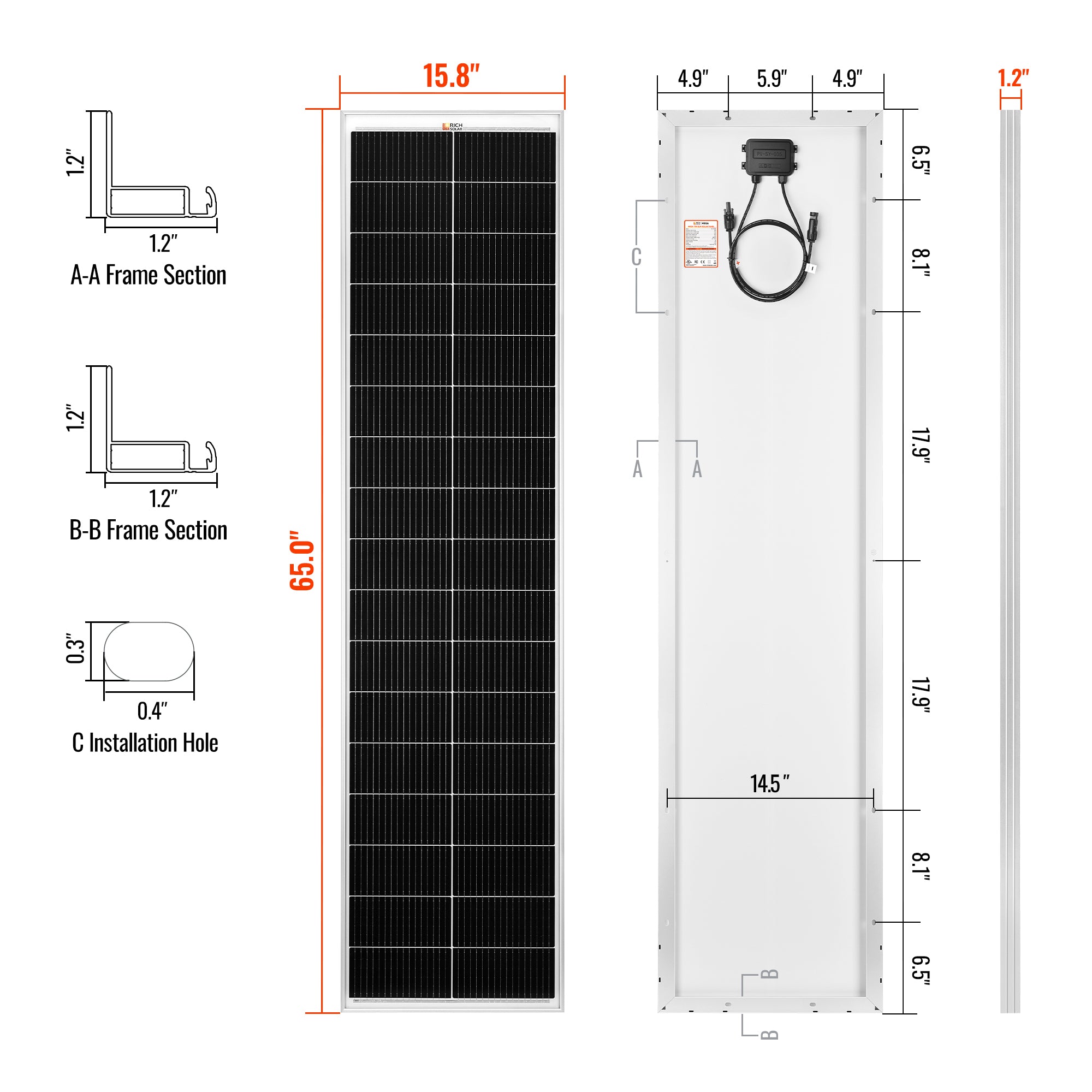 MEGA 130 SLIM — 130 Watt Slim Solar Panel — Compact 12V Narrow Panel for Vans, Campers, Boats — UL Certified